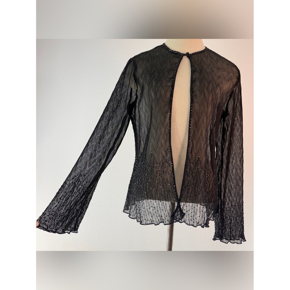 Vintage 90s Y2K Sandra Darren Black Gauzy Sheer Cardigan Beaded Trim Fairy Glam